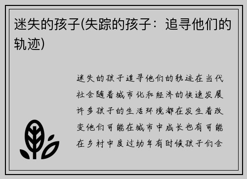 迷失的孩子(失踪的孩子：追寻他们的轨迹)